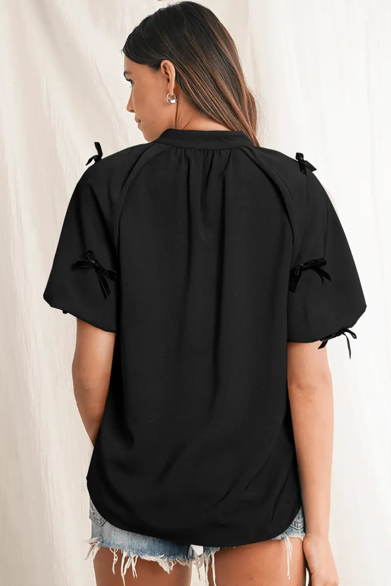 Black Bow Decor Puff Sleeve Split Neck Blouse for Women - Love Salve